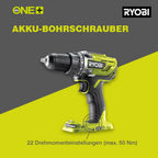 RYOBI 18 V ONE+ Akku-Bohrschrauber R18DD3-215S, 2-Gang-Getriebe, 13 mm Schnellspannbohrfutter, inkl. 2 x 1,5 Ah Akku und Ladegerät