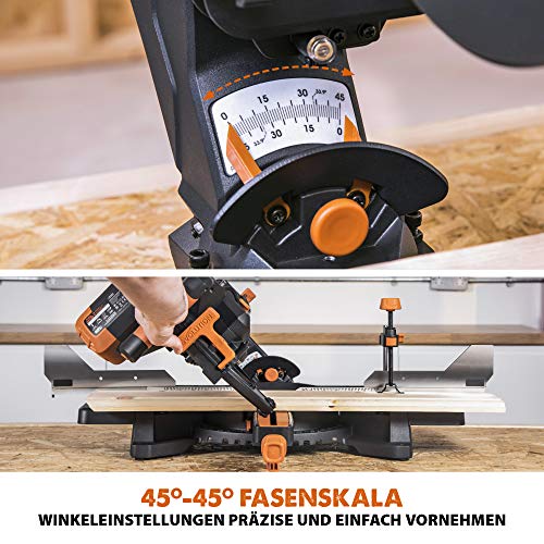 Evolution Doppelgehrungssäge Schiebe-Kapp- und Gehrungssäge R255SMS-DB+ | 2000 W, 300 mm Gleitfunktionalität, Schrägschnitt, Gehrungswinkeln | Ø 255 mm HM / TCT Sägeblatt für Multimaterialschnitt