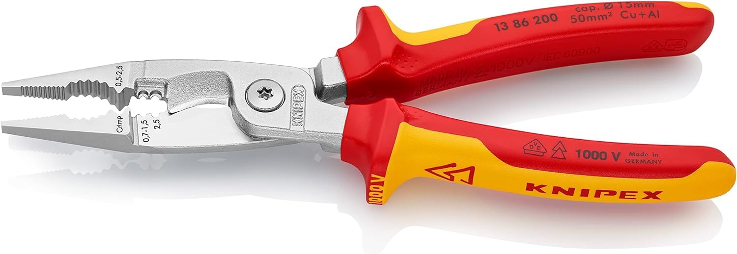 KNIPEX Elektro-Installationszange auf SB-Karte verchromt isoliert mit Mehrkomponenten-Hüllen, VDE-geprüft 200 mm, 13 86 200 SB