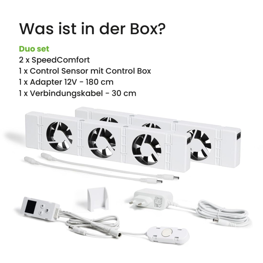 SpeedComfort Heizkörper Ventilator mit Control Sensor - Duo-Set (2X) - Bis zu 22% Energieeinsparung - Heizungsventilator Wärmepumpen-geeignet - Mehrere Geschwindigkeiten - Flüsterleise