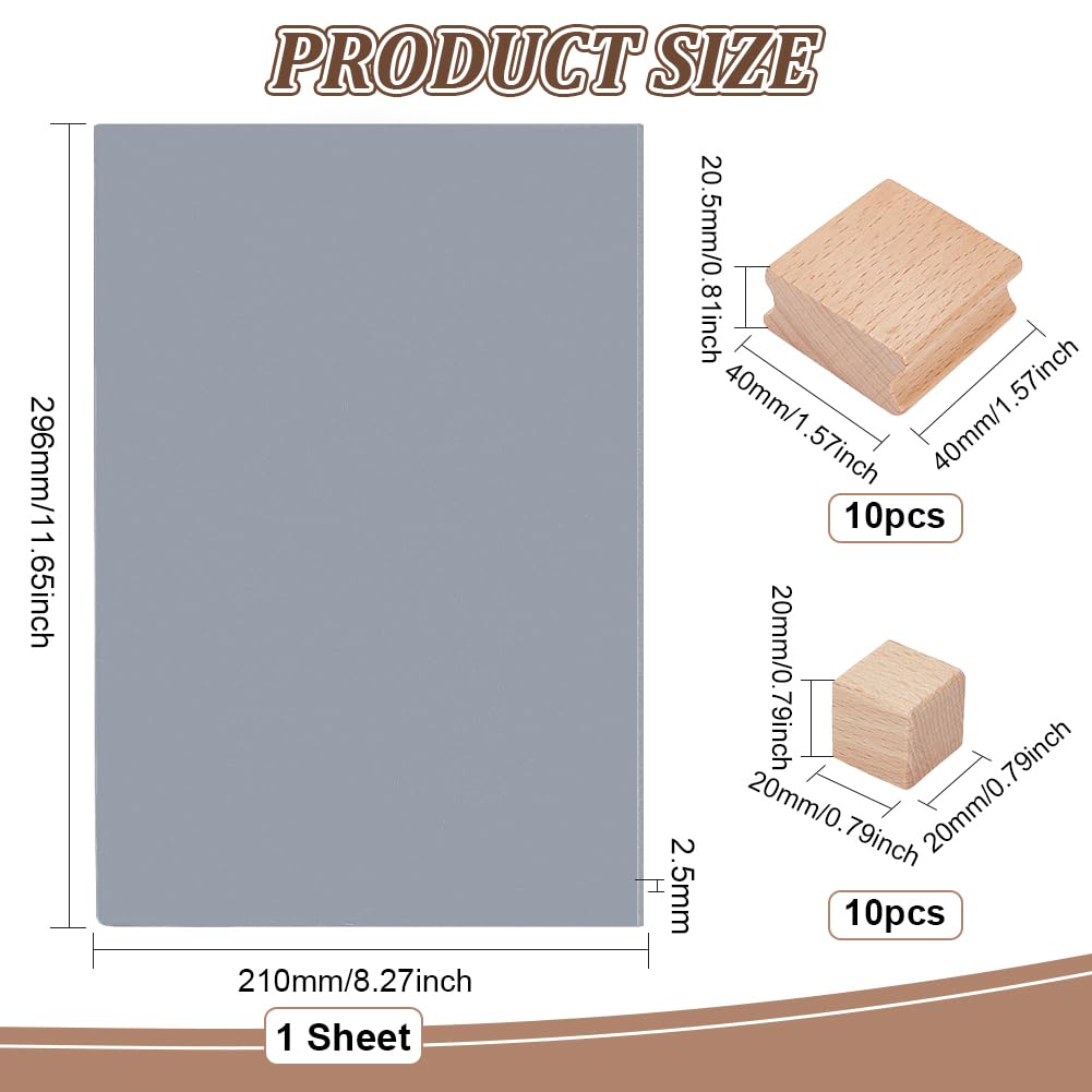 BENECREAT 20PCS Blanko-Stempelhalter Aus Hartholz Mit Grauem Stempelbogen Aus Gummi, 2 Größe Lasergravur Stempelblock Zubehör Für Bastelarbeiten, DIY-Stempel, 2cm /4cm