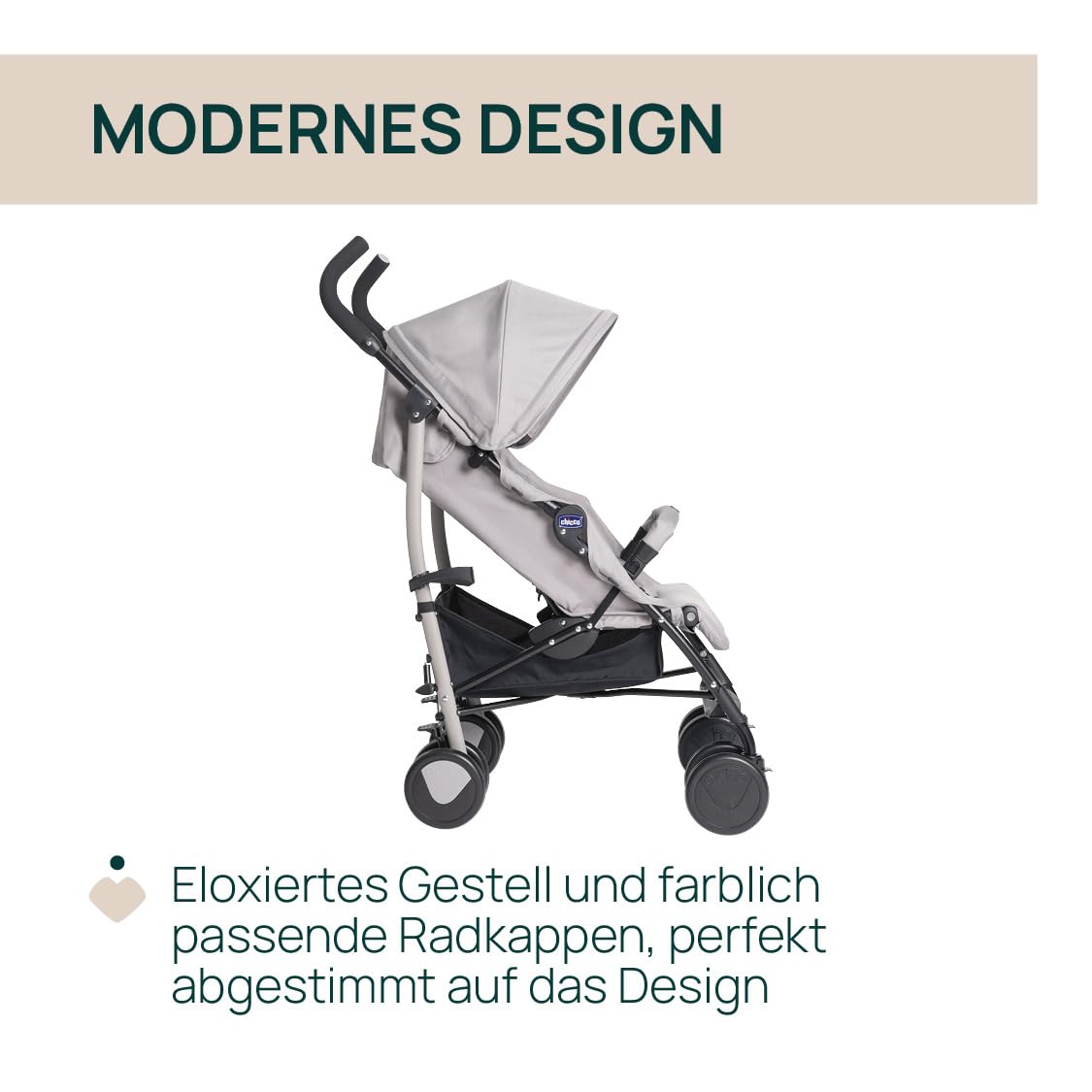 Chicco Echo Lite Kinderwagen, Buggy ab Geburt bis 22 kg, verstellbare Rückenlehne, geräumiger Sitz, Stoßstangenmanschette, Schirmbuggy, Zwillingsbremsen und schwenkbare Vorderräder, Beige