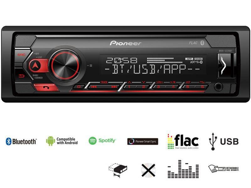 Pioneer MVH-S320BT, 1DIN Autoradio mit RDS, halbe Einbautiefe, deutsche Menüführung, Bluetooth, USB, AUX-Eingang, Freisprecheinrichtung, Smart Sync