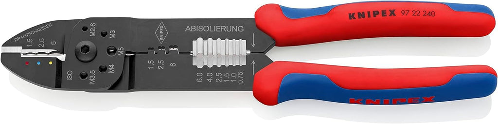 KNIPEX Crimpzange, 0,5-6,0 mm², für Kabelschuhe und Flachsteckverbinder, mit Abisolier- und Scheidfunktion,Presszange, Kabelschuhzange, 97 22 240