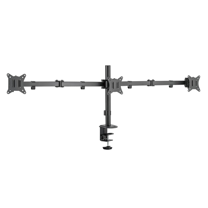 PureMounts Monitor Halterung, Monitorhalterung für 3 Bildschirme, 17 bis 27 Zoll, höhenverstellbar neigbar schwenkbar, VESA 75 und 100, Tischhalterung, Bildschirmhalter Triple, Schwarz