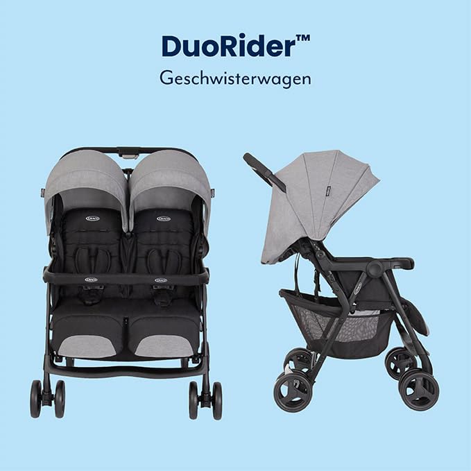 Graco DuoRider™ Doppel-Kinderwagen, Geschwisterwagen, ab Geburt bis ca. 3 Jahre (15 kg), leicht, schnell zusammenklappbar, freistehend, großer Staukorb, inkl. Regenverdeck, grau, Steeple Gray