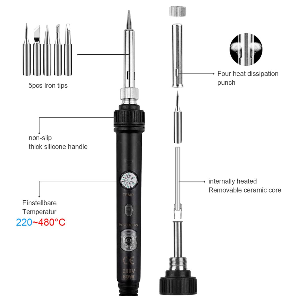 Lötkolben Set, Lötkolben 18 in 1 Lötset 60W Lötstation mit Temperatur Einstellbar 220-480°C, 5 Lötspitzen, Regelbar und EIN/AUS-Schalter für Elektrotechnik Reparaturen Profi Hobbybastler