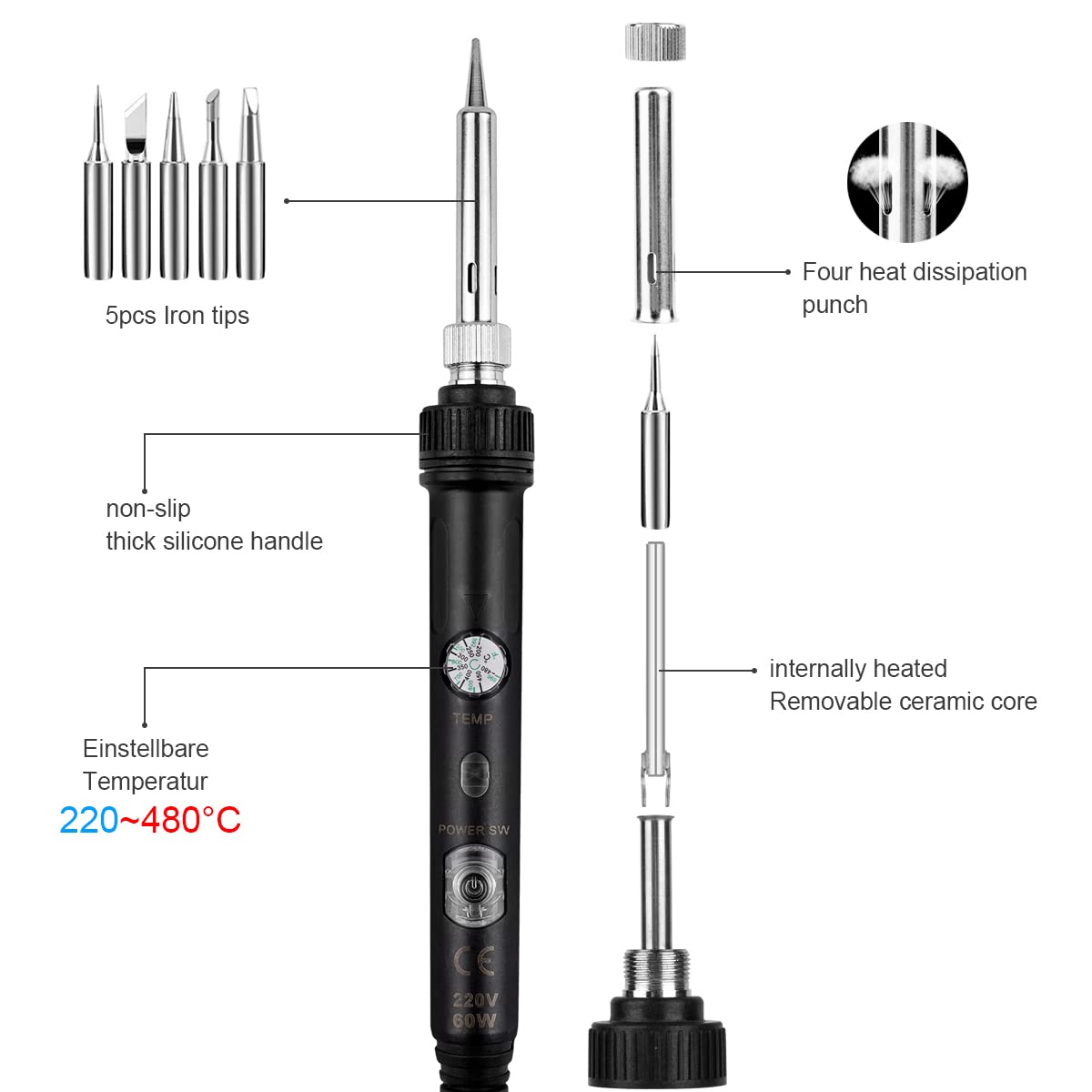 Lötkolben Set, Lötkolben 18 in 1 Lötset 60W Lötstation mit Temperatur Einstellbar 220-480°C, 5 Lötspitzen, Regelbar und EIN/AUS-Schalter für Elektrotechnik Reparaturen Profi Hobbybastler