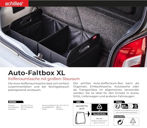 achilles Auto Kofferraum Organizer XL – Kofferraumtasche XL mit viel Stauraum – Geräumige & Pflegeleichte Faltbox – Auto Zubehör Innenraum Organizer – Stabiler Boden & Tragegriff – Schwarz