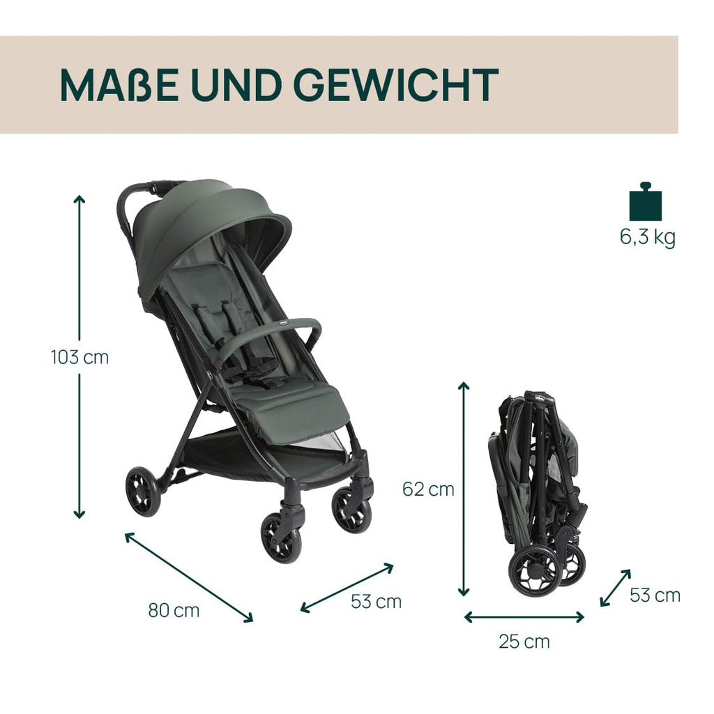 Chicco Urbino Kinderwagen Ab Geburt bis 4 Jahren (max. Belastbarkeit 25 kg), Praktisch und leicht, Zusammenklappbarer Buggy,Einhandverschluß, Verstellbare Rückenlehne und Fußstütze, Verdeck, Grün