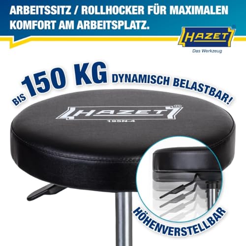 HAZET Arbeitssitz 195N-4; stabile Vierkant-Rohrrahmenkonstruktion; 5 Leichtlaufrollen 75 mm; höhenverstellbar 430-550 mm; belastbar bis 150 kg; großes Sitzkissen 350 mm