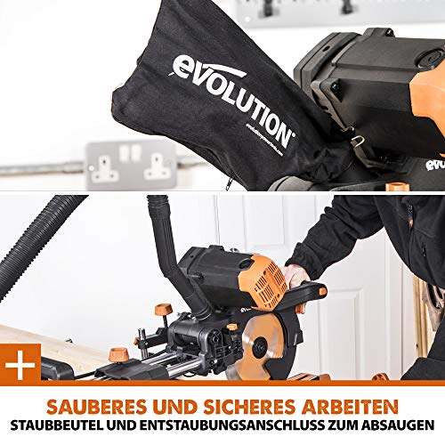 Evolution Doppelgehrungssäge Schiebe-Kapp- und Gehrungssäge R255SMS-DB+ | 2000 W, 300 mm Gleitfunktionalität, Schrägschnitt, Gehrungswinkeln | Ø 255 mm HM / TCT Sägeblatt für Multimaterialschnitt