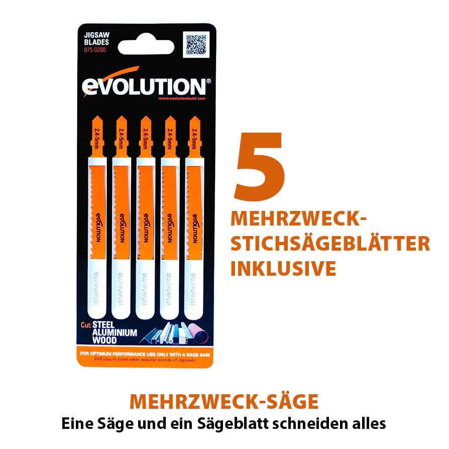 Evolution Power Tools Rage 7-S Universalstichsäge – schneidet Holz, Stahl, Kunststoff und mehr – inklusive 5 Sägeblätter, 710 W