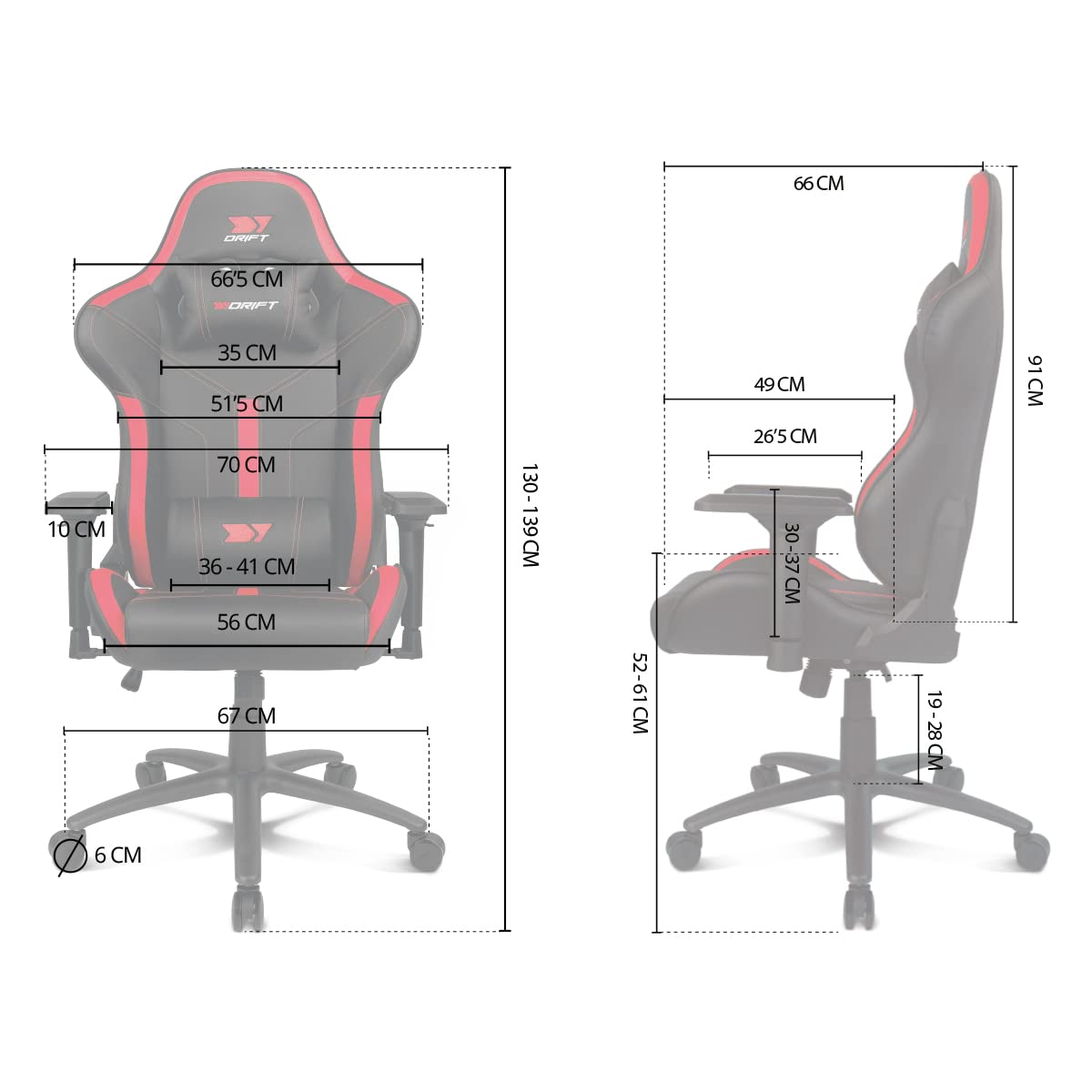 DRIFT GAMING DR350 – Ergonomischer Profi-Gaming-Stuhl mit 4D-Armlehnen, Lenden- und Nackenkissen, 135° neigbar, Leise Rollen, Schwarz-Rot
