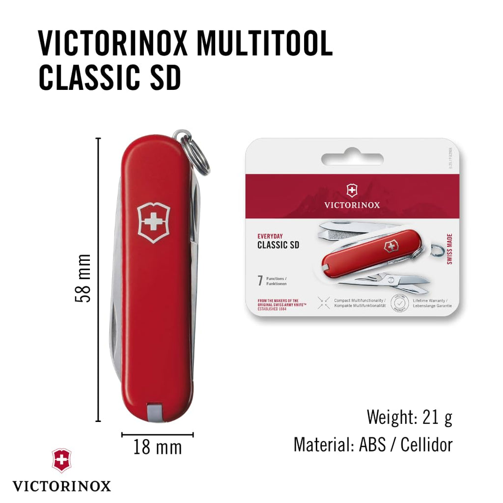 Victorinox Schweizer Taschenmesser, Klein, Classic SD, Multitool, Swiss Army Knife, Geschenk, 7 Funktionen, Klinge, Nagelfeile, Rot
