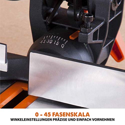 Evolution Gehrungssäge R210CMS | 1200 W Gehrungssäge | Inkl. Ø 210 mm HM-Sägeblatt Multi-Material-Schneiden Holz, Aluminium, Stahl, Kunststoff | 0°- 45° Fase und 45°- 45° Gehrungswinkel | Kappsäge