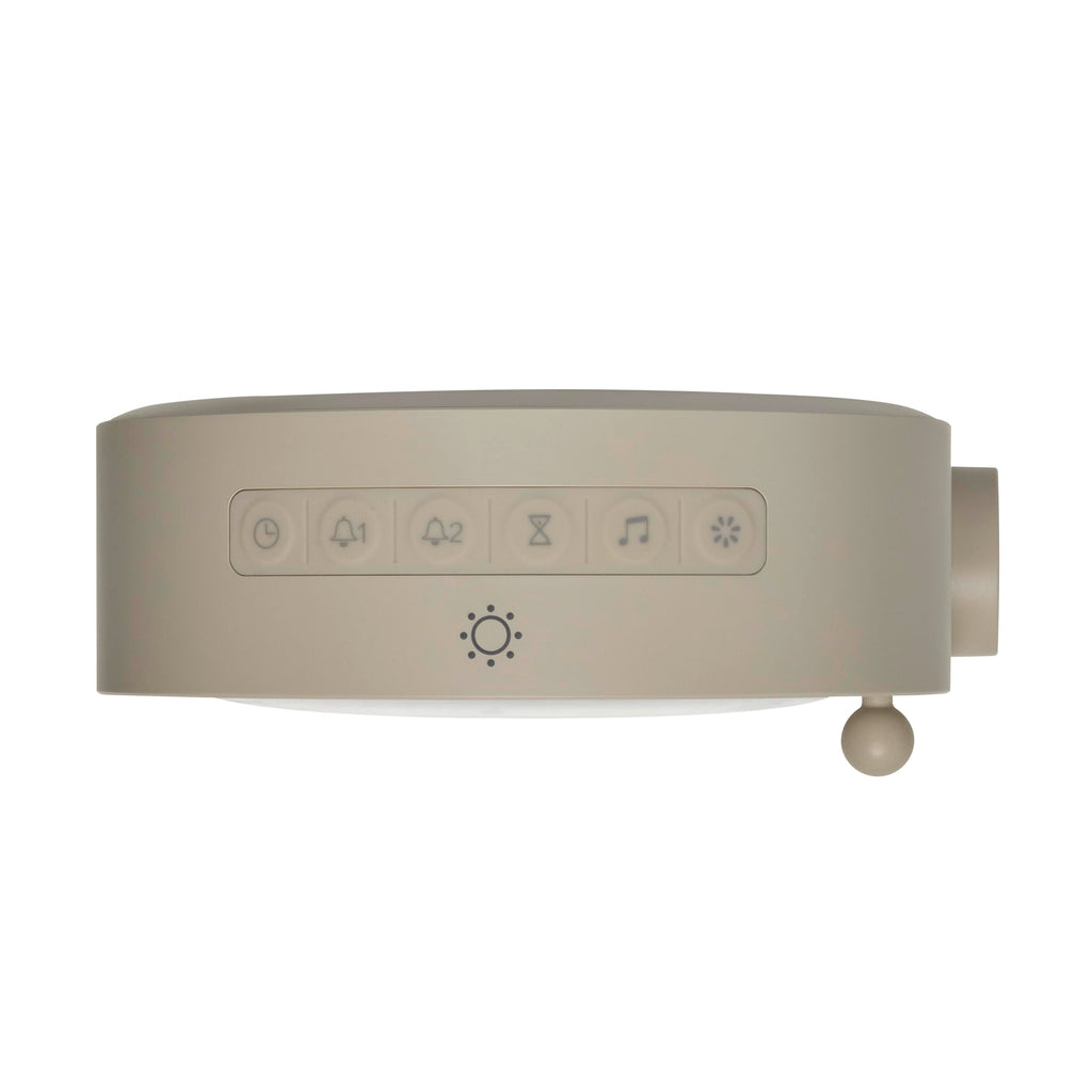TFA Dostmann Lichtwecker Digital mit Mondlampe, Nachtlicht, Nachttischlampe, White-Noise, Naturgeräusche, Einschlafhilfe, 2 Alarme, 60.2053, Hellgrau, Beige