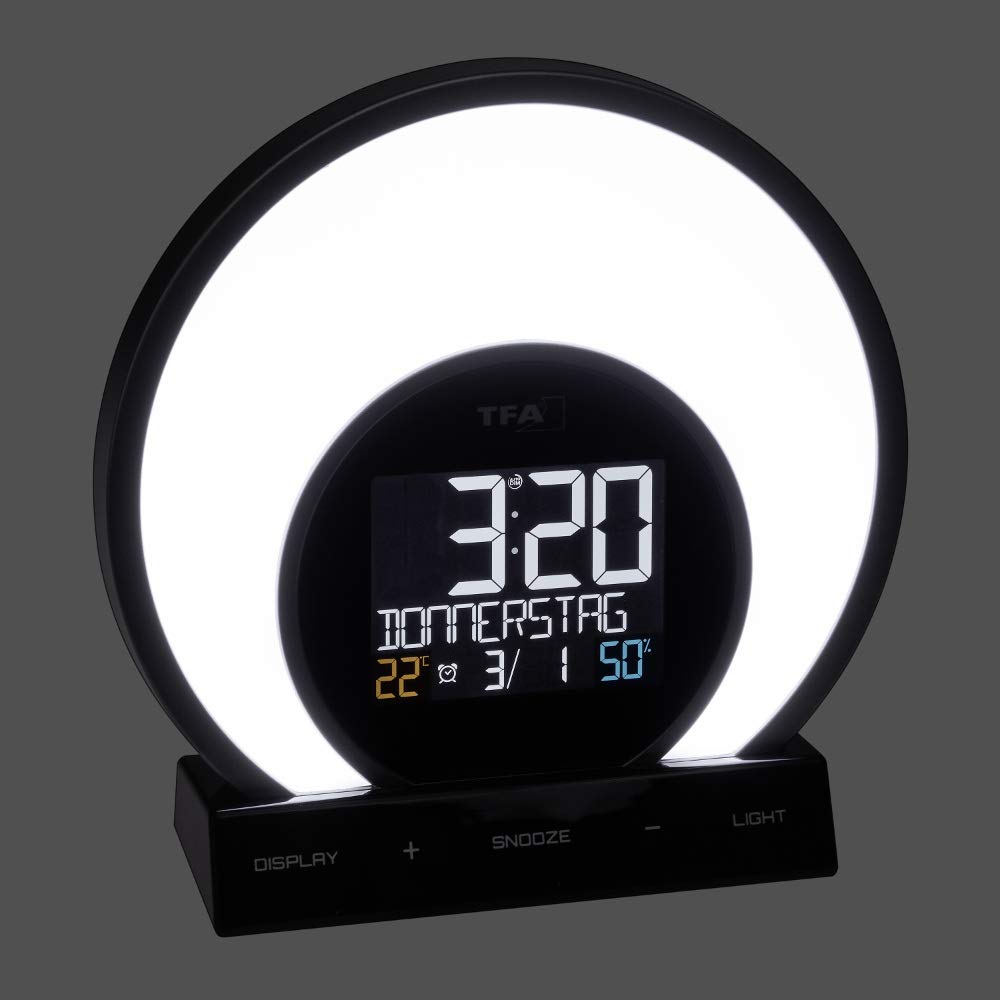 TFA Dostmann Digitaler Lichtwecker Soluna, 60.2026.01, mit Sonnenaufgang /Sonnenuntergangs Simulation, Wake Up Light, Meditationsmodus, Nachtlicht, Dimmbar, Weckfunktion mit Schlummerfunktion, schwarz