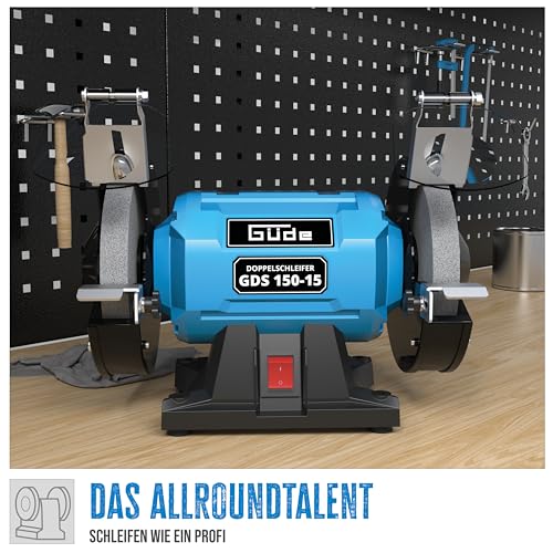 Güde Doppelschleifer GDS 150-15 (250 W, 2980 1/min Motordrehzahl, Grob- & Feinschleifscheibe 36|60 K, 150 mm ø, stabiler Maschinenfuß, kugelgelagerte Schleifachsen, verstellbare Arbeitsauflagen), Blau