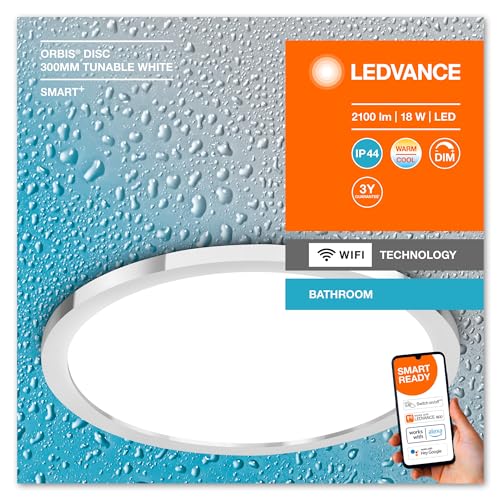 LEDVANCE Smart LED Badezimmerlampe Chrome, 18W, 2100LM, 3000-6500K, 30cm, IP44, Orbis Disc Wandleuchte, Badezimmerleuchte mit Wifi Technologie, dimmbar, steuerbar über App und Sprachassistenten