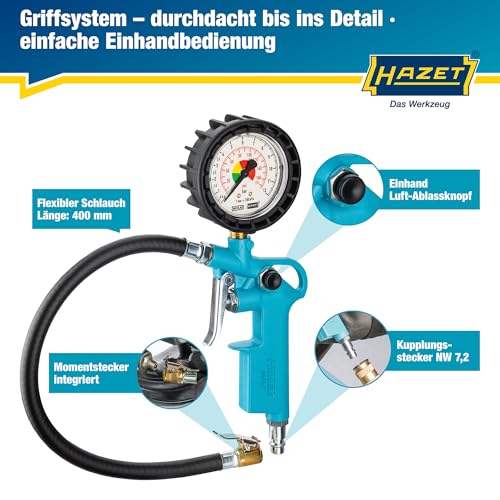 HAZET Reifenfüll-Messgerät 9041-1 I Manometer-Messbereich: 0-12 bar, Schlauchlänge: 400 mm, Manometer-Durchmesser: 63 mm I Reifendruck-Prüfer für Auto, Motorrad, Lkw uvm.