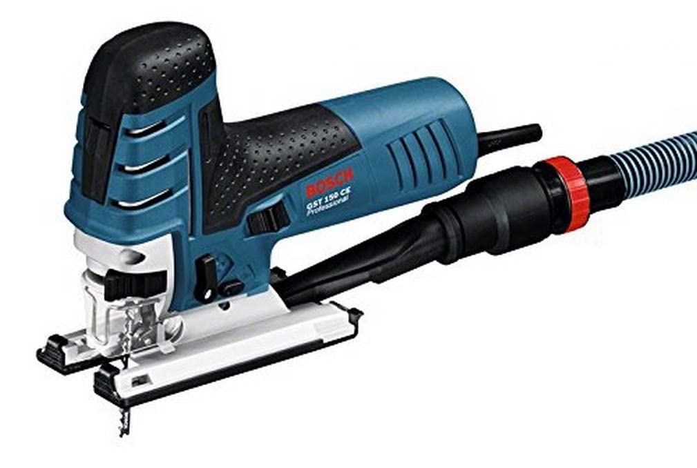 Bosch Professional Stichsäge GST 150 CE (Schnitttiefe Holz max: 150, inkl. Gleitschuh, Abdeckhaube, Saugdüse, 1x Stichsägeblatt T 144 D Spanreißschutz, Einlage, L-BOXX)