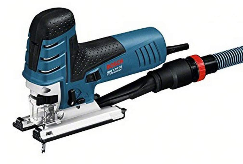 Bosch Professional Stichsäge GST 150 CE (Schnitttiefe Holz max: 150, inkl. Gleitschuh, Abdeckhaube, Saugdüse, 1x Stichsägeblatt T 144 D Spanreißschutz, Einlage, L-BOXX)