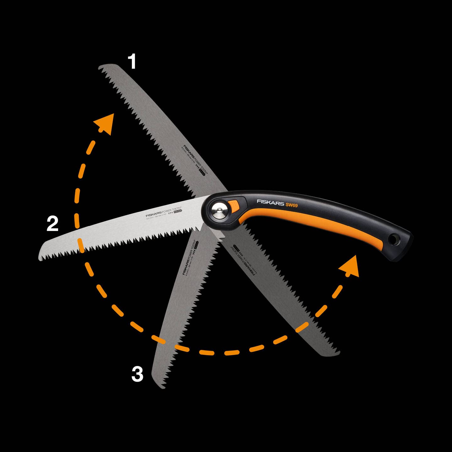 Fiskars Plus Klappsäge, Für dicke Stämme und Äste, 3 Schneidpositionen, Scharfes Power Tooth-Blatt, Grobzahnung, Blattlänge: 21 cm, Schwarz/Orange, SW69, 1067553