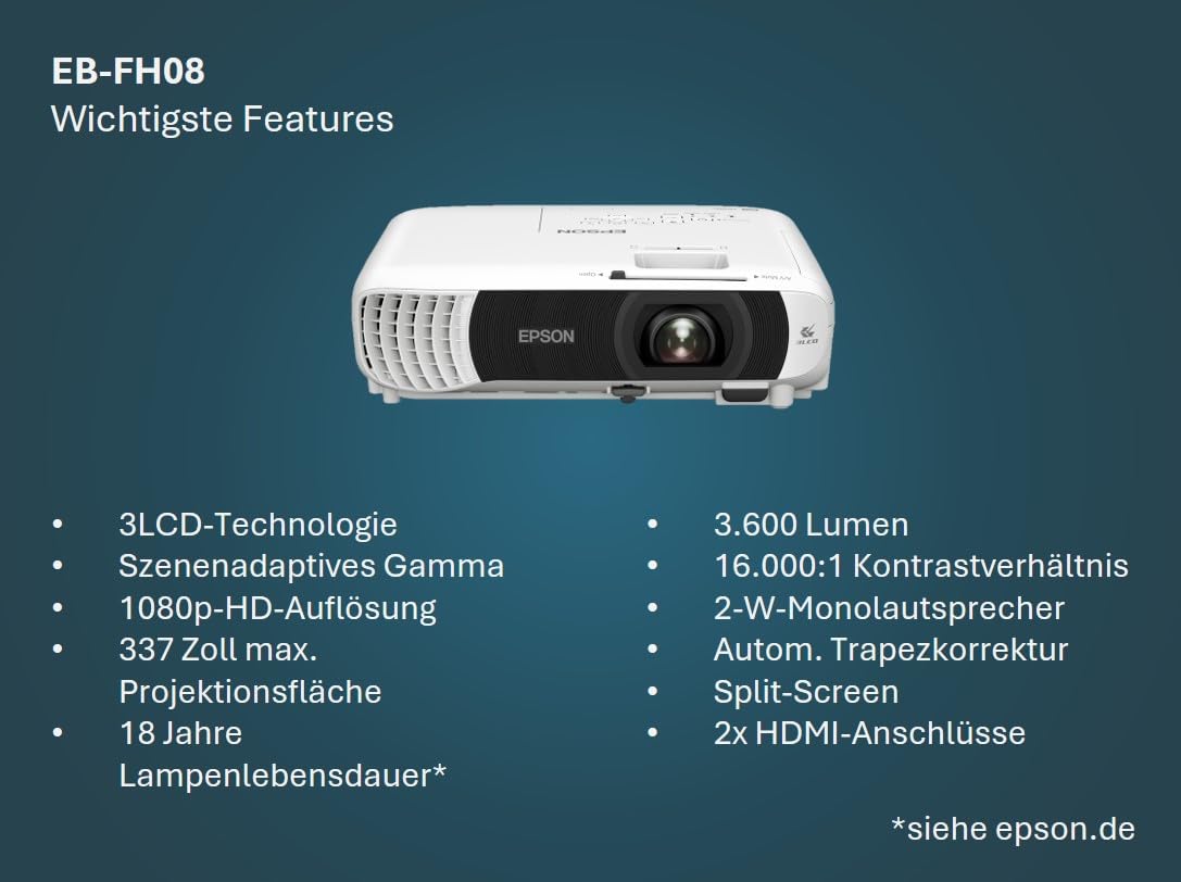 Epson EB-FH08 3LCD-Projektor (3.600 Lumen) 337 Zoll, ca. 8,56 m Bilddiagonale, 2 HDMI, 1.920x1.080p FullHD, Split-Screen-Funktion