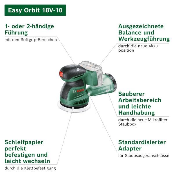 Bosch Akku-Exzenterschleifer EasyOrbit 18V-10 (Schleifen von kleinen bis mittelgroßen Holzoberflächen sowie lasierten und lackierten Oberflächen; Durchmesser: 125 mm; Akku 2.0Ah und Ladegerät)