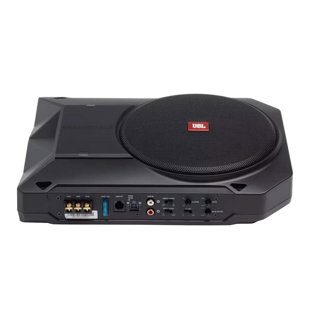 JBL BassPro SL2 Aktiv Subwoofer Auto Set - Car hifi Untersitz Bassbox Gehäuse mit Bassreflex Woofer box groß 200mm und 125 Watt aktiver Verstärker, Schwarz, 44