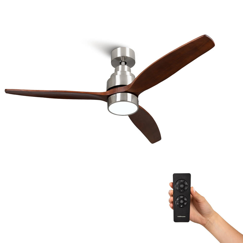 Mellerware - Deckenventilator mit Fernbedienung Brizy Bright | 45 W | 6 Geschwindigkeiten | Ultra leise | 3 Flügel 132 Durchmesser | Sommer-Winter-Funktion | Timer | LED | Darkwood