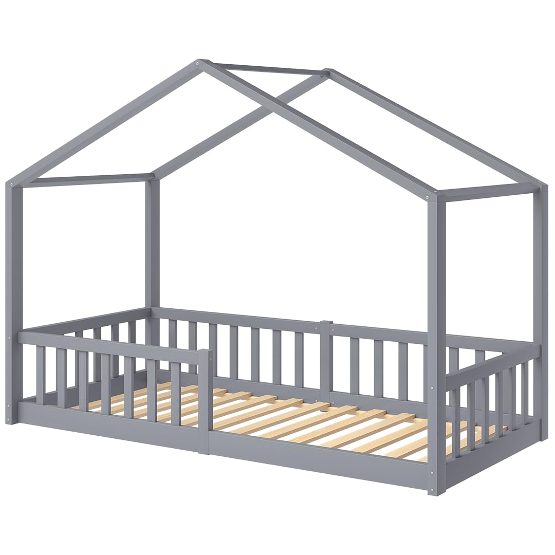 Bellabino Bia Kinderbett 90x200 cm – Bodenbett mit Rausfallschutz & Lattenrost – Hausbett aus Massivholz Kiefer – Montessori Kinder Bett in Hellgrau für Jungen und Mädchen