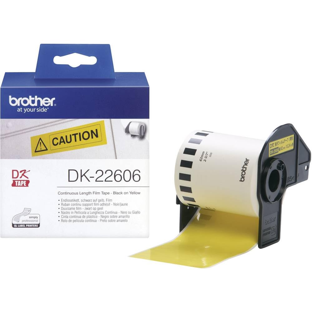 Brother DK-22606 Endlosetiketten Film (62 mm breit, 15,24 m lang, für QL-Etikettendrucker) schwarz auf gelb