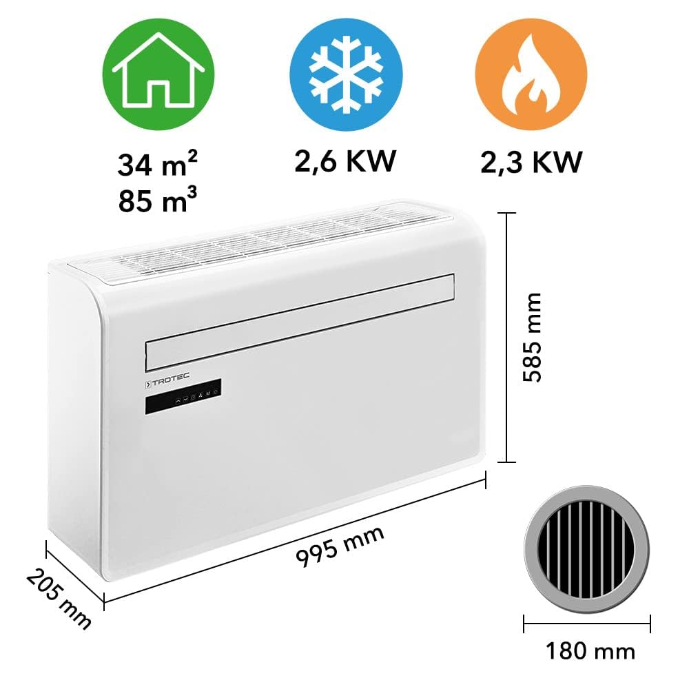 TROTEC PAC-W 2650 SH Wandklimaanlage ohne Außengerät mit Wärmepumpe – 4-in-1 Klimagerät zum Kühlen, Heizen, Entfeuchten & Lüften, 2,6 kW Kühlleistung, Inverter, WLAN, R290, bis 34 m²