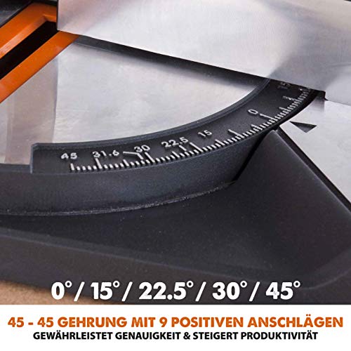 Evolution Gehrungssäge R210CMS | 1200 W Gehrungssäge | Inkl. Ø 210 mm HM-Sägeblatt Multi-Material-Schneiden Holz, Aluminium, Stahl, Kunststoff | 0°- 45° Fase und 45°- 45° Gehrungswinkel | Kappsäge