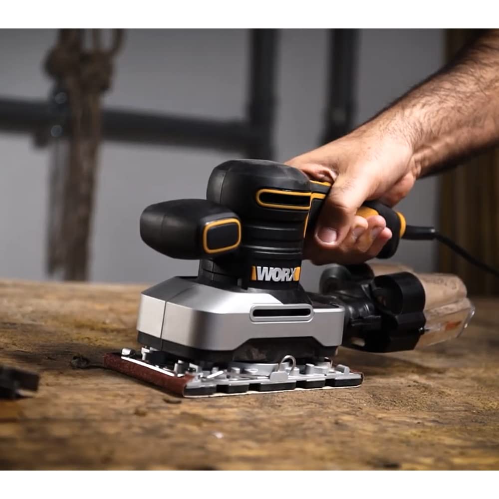 WORX WX642.1 Schwingschleifer 270W– Elektrisches Profi Schleifwerkzeug – Schleifen ohne Staub – Inkl. Schleifpapier & Koffer, Schwarz, Orange