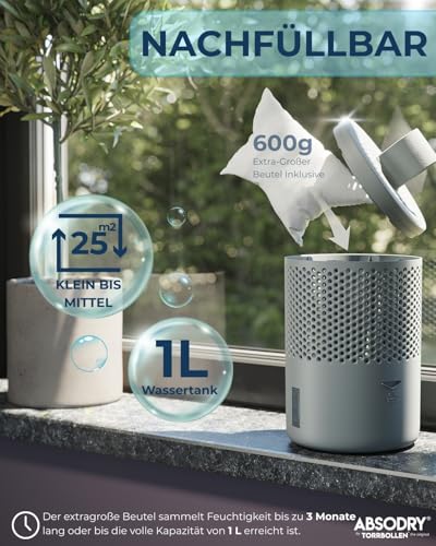 AbsoDry Luftentfeuchter ohne Strom bis 25m² - Inklusive Nachfüllpack - Aus recyceltem Kunststoff - Raumentfeuchter für Wohnzimmer, Badezimmer, Keller - Entfeuchter Wohnung - Dehumidifier - Grau