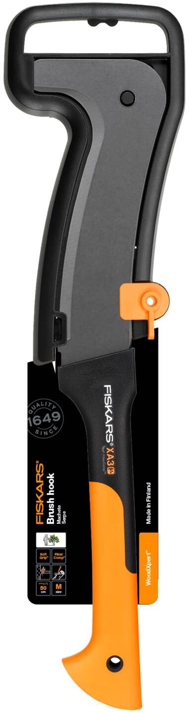 Fiskars Machete, Länge: 50,5 cm, Antihaftbeschichtet, Gehärtete Stahlklinge/Glasfaserverstärkter Kunststoffgriff, Inklusive Schutzhülle, Schwarz/Orange, WoodXpert, XA3, 1003609