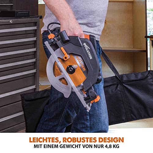 Evolution Handkreissäge R185CCSX Kreissäge Tauchsäge 1600W Inkl. Ø 185 mm HM-Sägeblatt Multi-Material-Schneiden Holz, Aluminium, Stahl, Kunststoff | Mit 3-teiliger 1020mm Mini-Schiene Führungsschiene