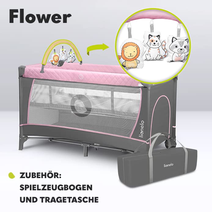 Lionelo Flower 4in1 Reisebett Baby mit Seiteneingang, Wickeltisch, Zwei Matratzenaufhängungshöhen, Spielzeugbogen mit Spielfiguren, Rollen, Tragetasche