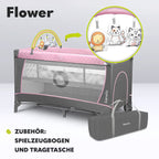Lionelo Flower 4in1 Reisebett Baby mit Seiteneingang, Wickeltisch, Zwei Matratzenaufhängungshöhen, Spielzeugbogen mit Spielfiguren, Rollen, Tragetasche