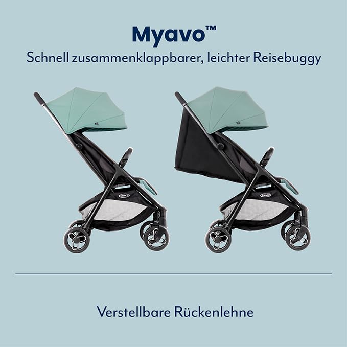 Graco Myavo™ Reisebuggy, ab Geburt bis ca. 4 Jahre (bis 22 kg), leicht, schnell zusammenklappbar, zusammengeklappt freistehend, großer Staukorb, inkl. Regenverdeck, Mint