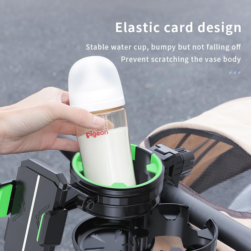 3-in-1-Kinderwagen-Becherhalter-Befestigung, Universal-Getränkehalter mit verstellbarer Handyhalterung, doppelter Getränkehalter für Walker, Rollstuhl, passend für die meisten Donna, Uppababy, Bugaboo