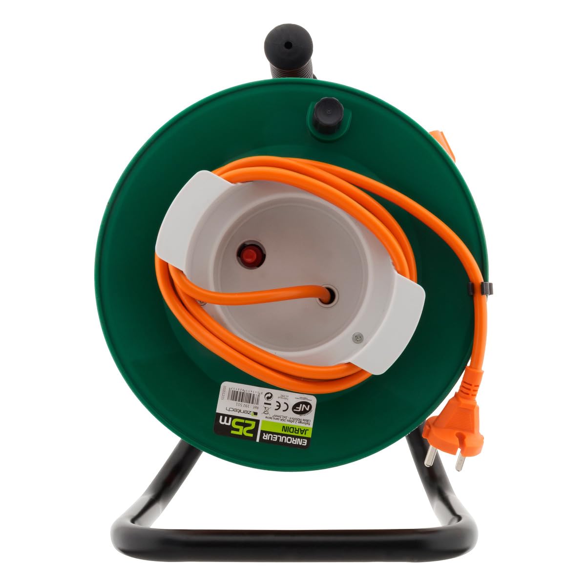 Zenitech – Kabeltrommel ohne Steckdose – 2×1,5mm² – 25 m – Metallfuß mit Überlastschutz – Grün/Orange