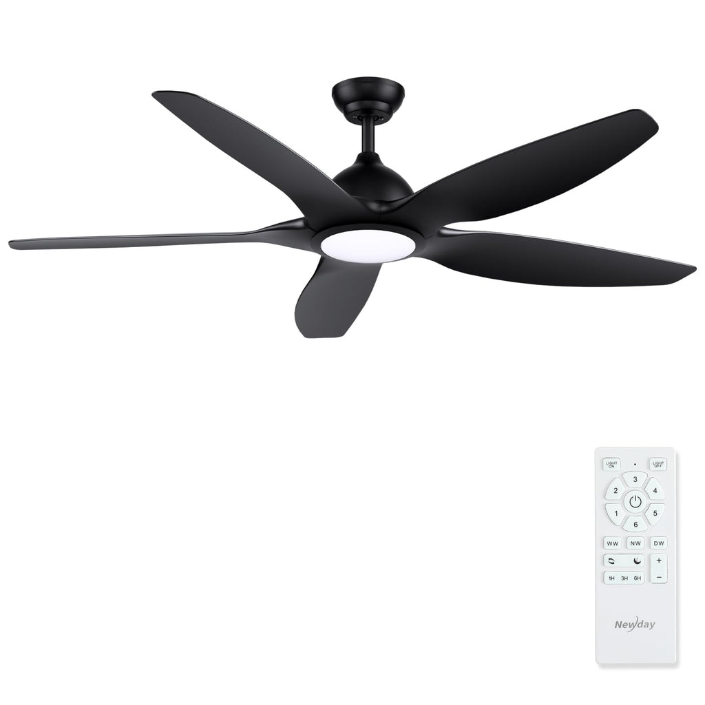 Newday Deckenventilatoren Große 153CM, Deckenventilator Schwarz mit Beleuchtung und Fernbedienung Leise, Ventilator mit Licht, 5 Flügel, Motor DC Reversibel, Stufenloser Dimmer, Zeitgeber für wohnraum