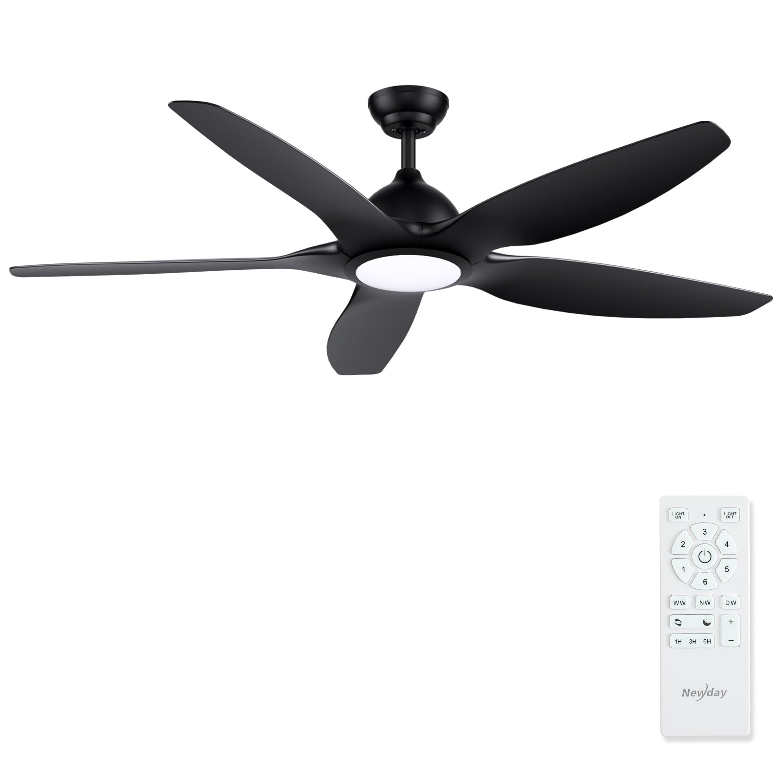 Newday Deckenventilatoren Große 153CM, Deckenventilator Schwarz mit Beleuchtung und Fernbedienung Leise, Ventilator mit Licht, 5 Flügel, Motor DC Reversibel, Stufenloser Dimmer, Zeitgeber für wohnraum