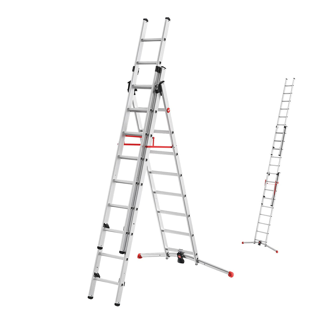Hailo S100 ProfiLOT 3-teilige Alu-Kombileiter mit LOT-System - gleicht Unebenheiten aus - 2 x 9 + 1 x 8 profilierte Sprossen belastbar bis 150 kg - Aluleiter made in Germany - Leiter rostfrei - silber