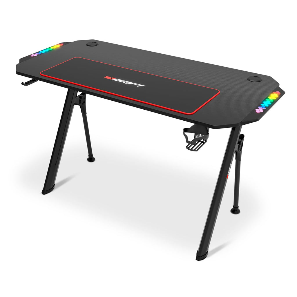 DRIFT GAMING DRDZ175RGB - Gaming-Tisch mit Kohlefaser-Tischplatte, Getränke- und Headset-Halter, Sound Reactive RGB-Seiten, Mousepad 80 x 30 cm, Schwarz, 130 x 60 x 75 cm
