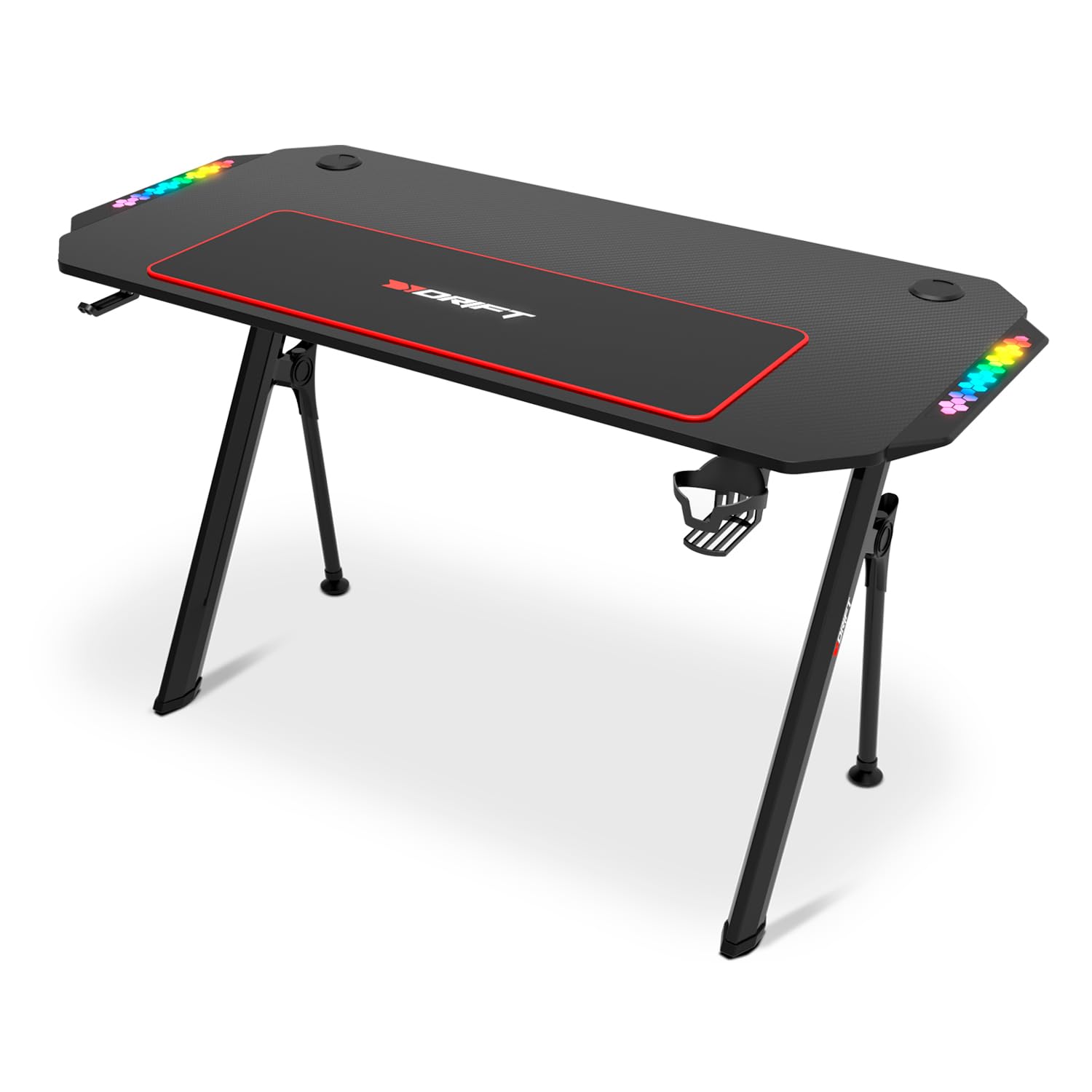 DRIFT GAMING DRDZ175RGB - Gaming-Tisch mit Kohlefaser-Tischplatte, Getränke- und Headset-Halter, Sound Reactive RGB-Seiten, Mousepad 80 x 30 cm, Schwarz, 130 x 60 x 75 cm